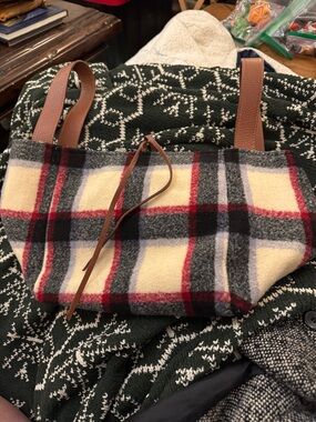 Sundance Plaid Wool Tote in Cream, Gray and Red with Brown Straps